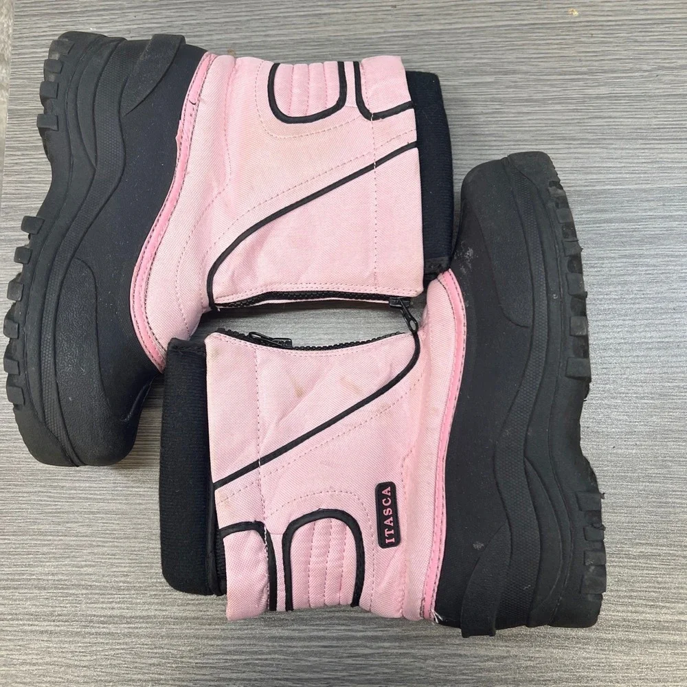 Itasca Kids Girls Pink Black Nylon Winter Snow Boots Size 6 Waterproof Front Zip